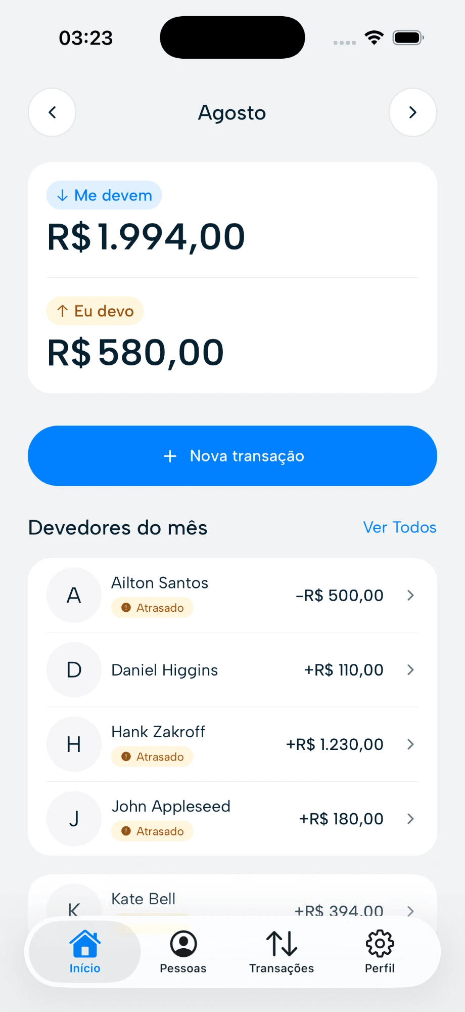 Tela inicial do Quem Deve mostrando quanto me devem e quanto eu devo