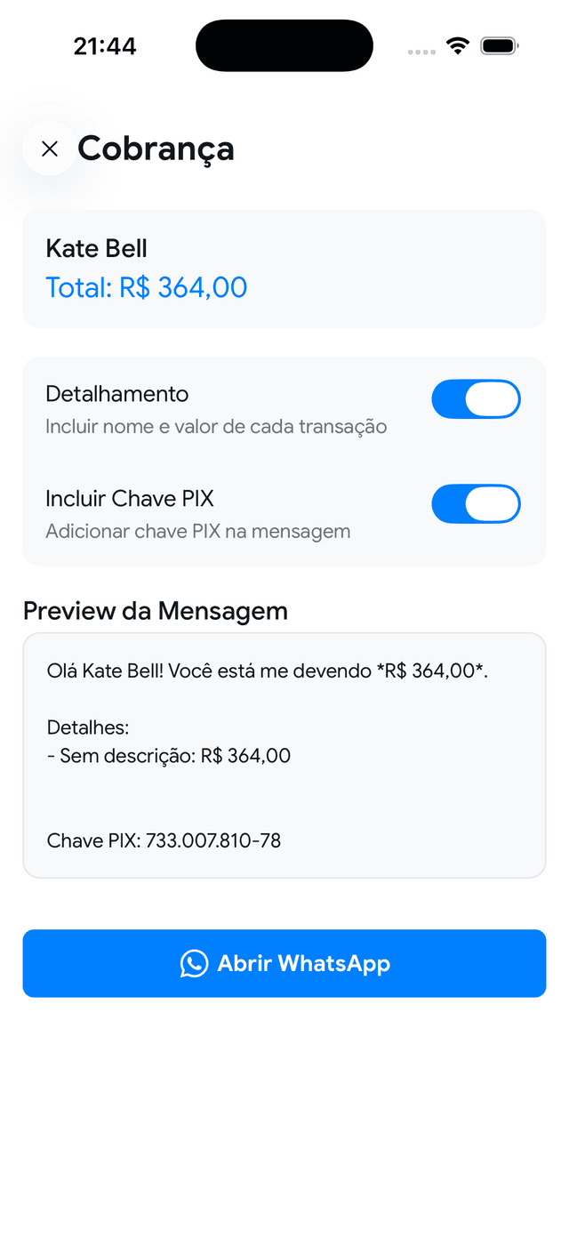 Tela de cobrança com preview e Abrir WhatsApp